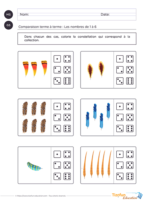 Support pédagogique de Maternelle proposant deux pages de comparaison entre des collections de 1 à 6 et les constellations de dés afin de développer le dénombrement, la reconnaissance visuelle des quantités et les premiers automatismes en numération.