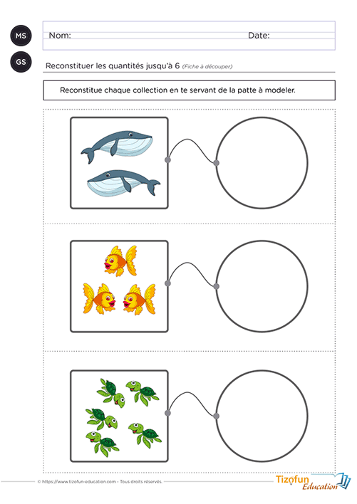 Exercice de manipulation des quantités, une activité numération MS GS pour reproduire une collection de 1 à 6 objets
