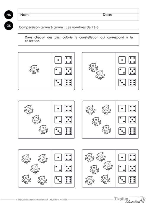 Support pédagogique de Maternelle proposant une activité de correspondance terme à terme avec les nombres de 1 à 6 à l'aide de collections illustrées et de constellations de dés afin de développer le sens du nombre et la comparaison des quantités.