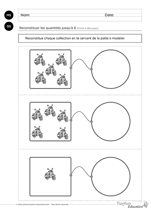 Fiche MS GS pour construire une quantité identique jusqu'à 6 avec de la pâte à modeler en reproduisant des collections de vélos de 1 à 6.