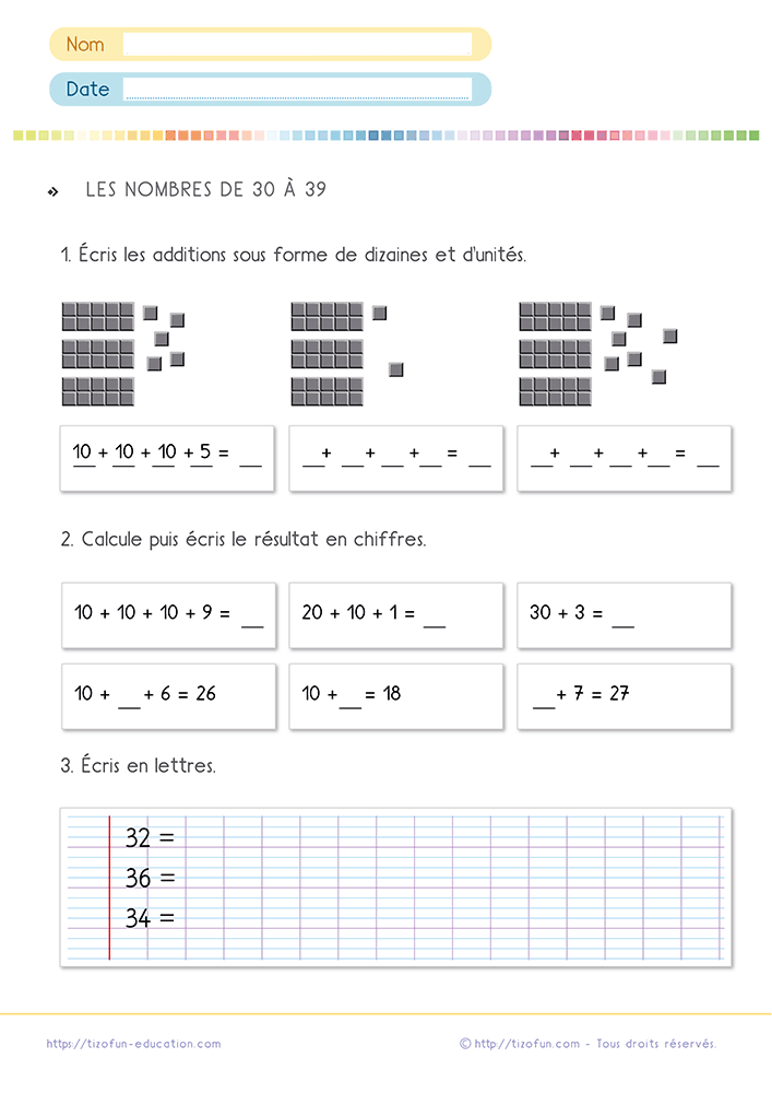 Fiche d'exercice sur les nombres de 30 à 39 au CP CE1 avec représentations en dizaines, unités, calculs et écriture en lettres.