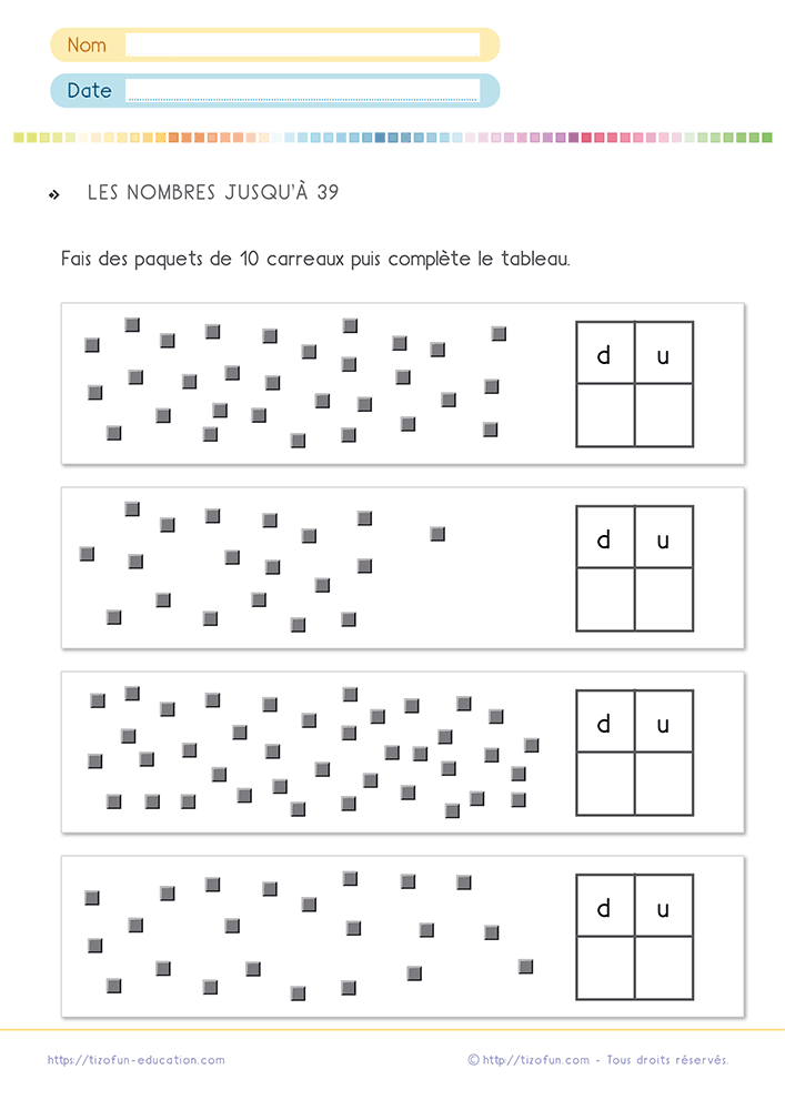 Fiche pédagogique pour apprendre les nombres de 30 à 39 au CP CE1 avec des dizaines, des unités et un tableau de numération.