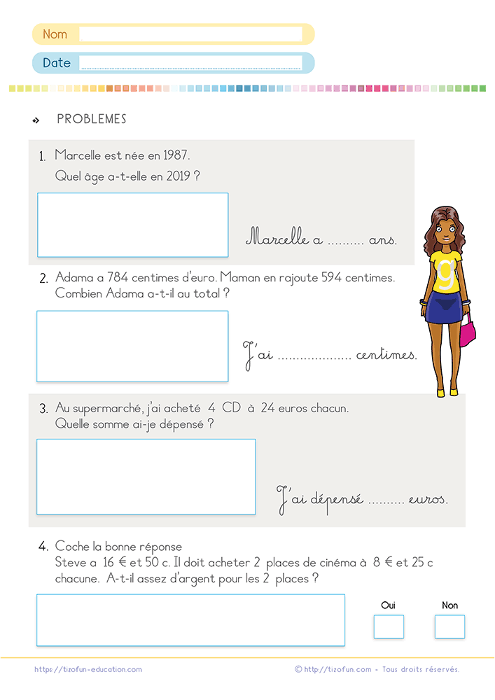 Fiche de Mathématiques pour résoudre un problème de maths du CE1 au CM2 à partir de situations sur les âges, la monnaie, les achats et les calculs du quotidien.