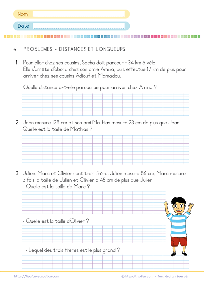 Fiche de mathématiques pour résoudre un problème de mesures du CE1 au CM2 en travaillant les distances, les longueurs et les comparaisons de tailles dans des situations du quotidien.