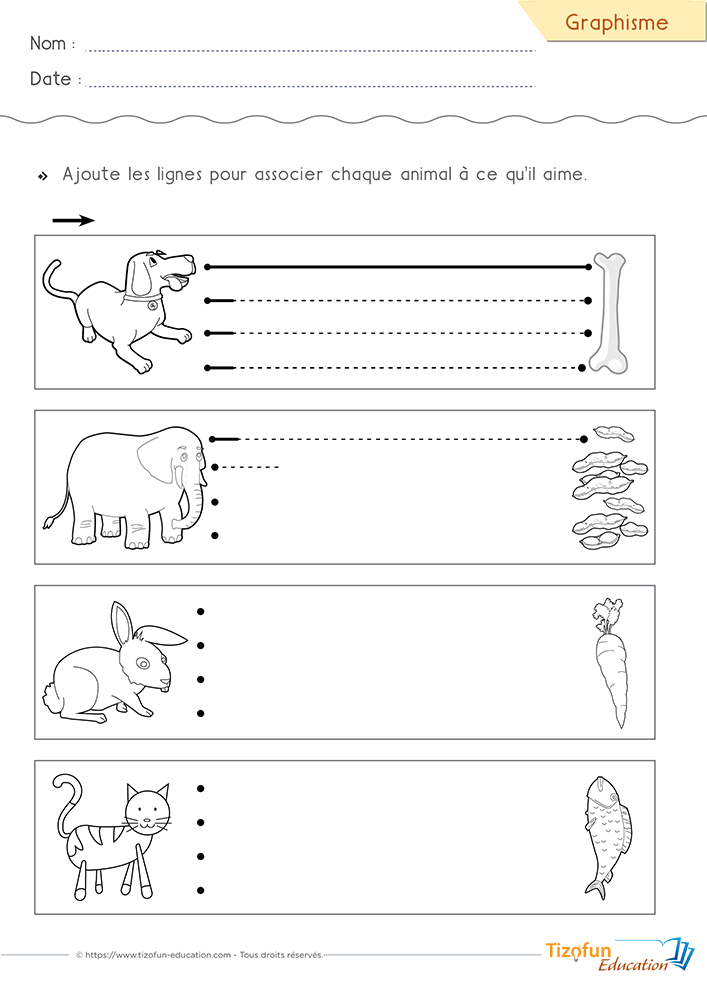 Activité où l'on apprend à tracer des lignes horizontales entre les animaux et leur nourriture en PS et MS pour développer le geste graphique.
