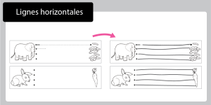 Fiche de pré-écriture à imprimer proposant de tracer des lignes horizontales régulières entre des animaux et leur nourriture.