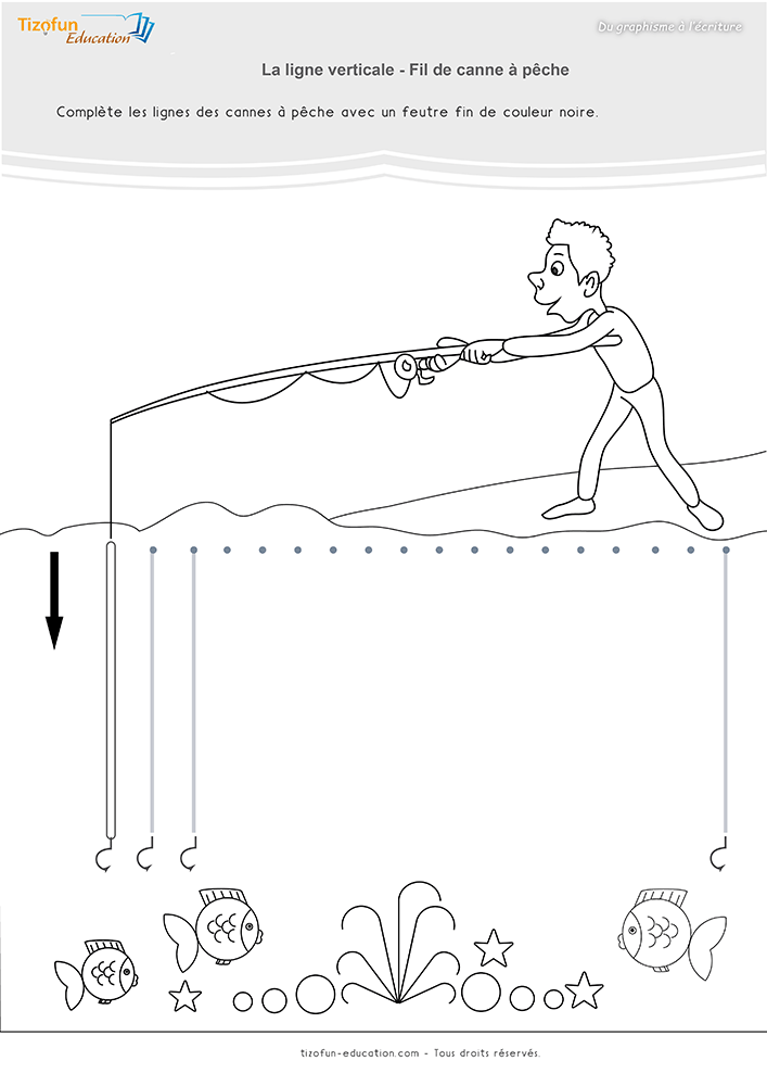 Compléter les fils de plusieurs cannes à pêche dans une activité de graphisme sur la ligne verticale en maternelle.