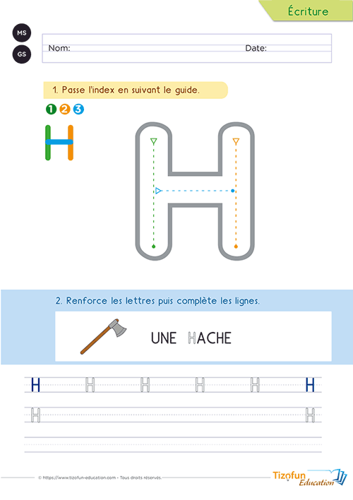 Construction progressive de la lettre H majuscule avec un parcours de tracé et un exercice de reproduction destiné aux élèves de Maternelle.