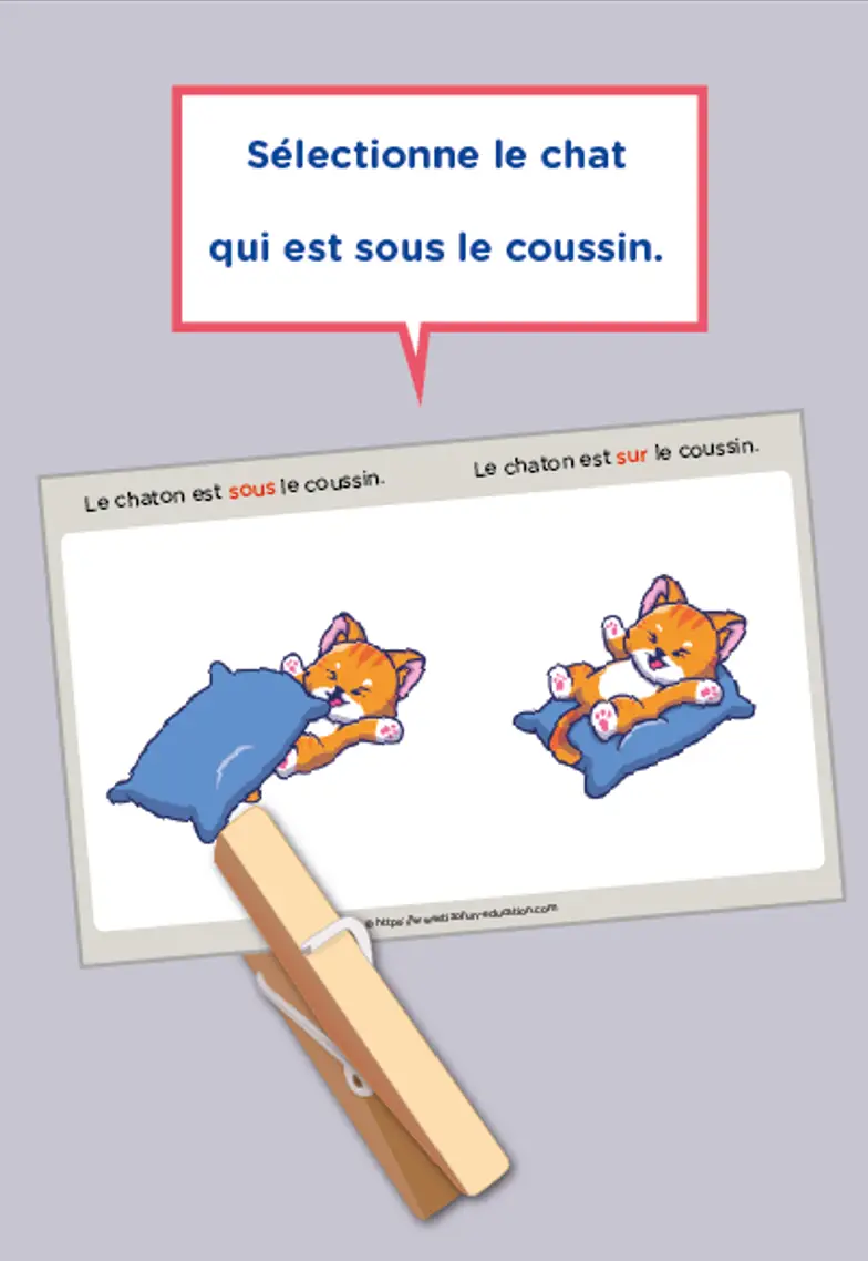 Aperçu du jeu de cartes Sur Sous à pincer comprenant douze situations illustrées pour développer le langage spatial en PS, MS et GS.