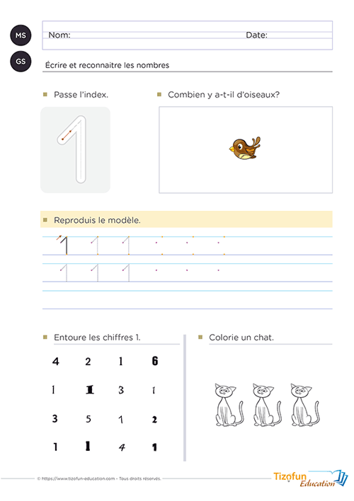 Prévisualisation d'une fiche de maternelle où les élèves de MS GS écrivent et reconnaissent le nombre 1 grâce à des activités de tracé, de dénombrement, de discrimination visuelle et de coloriage d'une quantité unique.