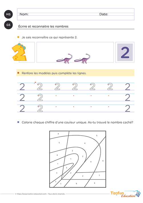 Fiche MS GS pour écrire et reconnaître le nombre 2 grâce à une activité combinant quantités, écriture guidée et coloriage magique.