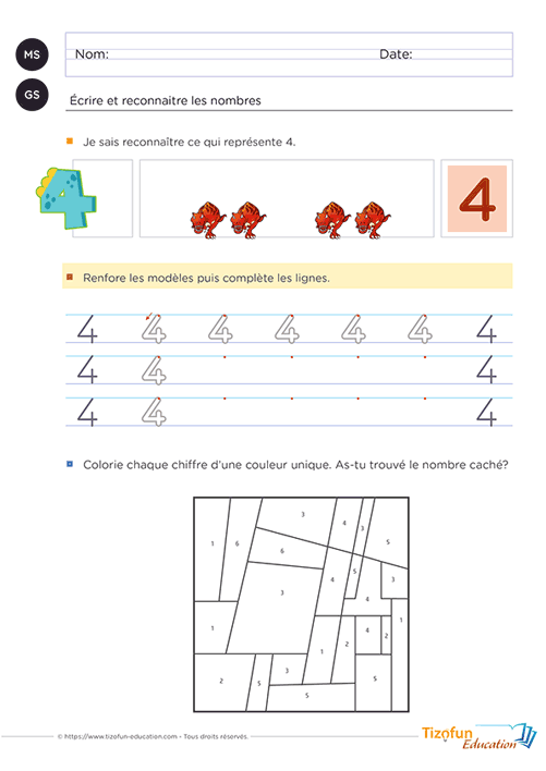 Fiche de MS GS où l'enfant écrit et reconnaît le nombre 4 en observant une quantité, en suivant des modèles d'écriture puis en réalisant un coloriage magique.