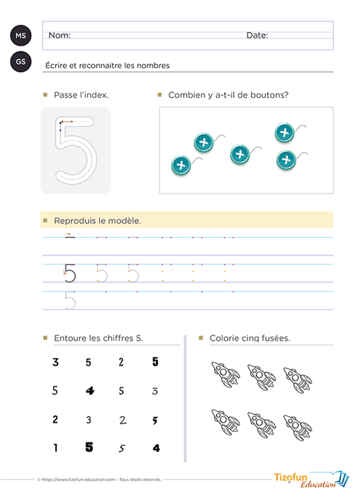 Prévisualisation d'une activité MS GS proposant d'écrire le chiffre 5, compter cinq objets, retrouver le nombre 5 et colorier cinq fusées pour consolider les premiers repères numériques.