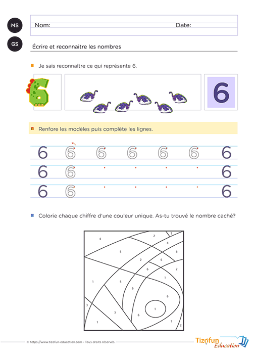 Fiche de MS GS où l'enfant écrit et reconnaît le nombre 6 en observant une quantité, en suivant des modèles d'écriture puis en réalisant un coloriage magique.