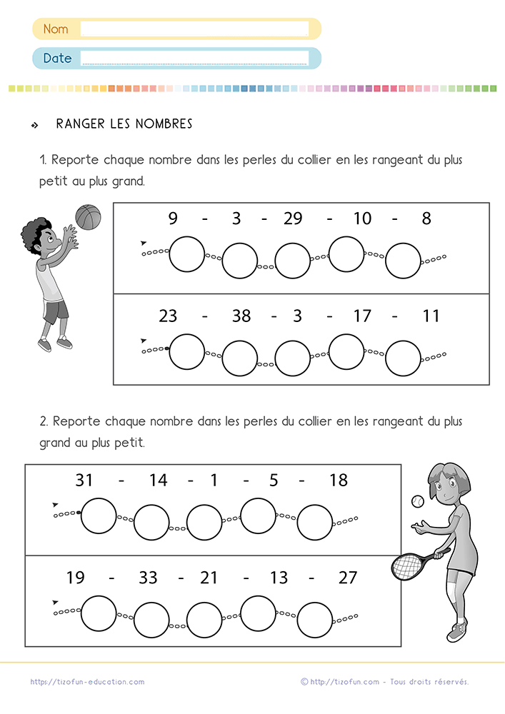 Fiche d'exercice pour ranger les nombres CP CE1 dans l'ordre croissant et décroissant.