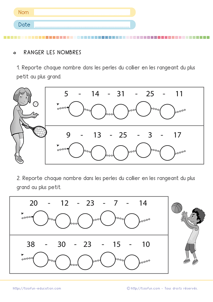Fiche d'activité de mathématiques pour comparer et ranger les nombres au CP CE1 dans des séries croissantes et décroissantes.