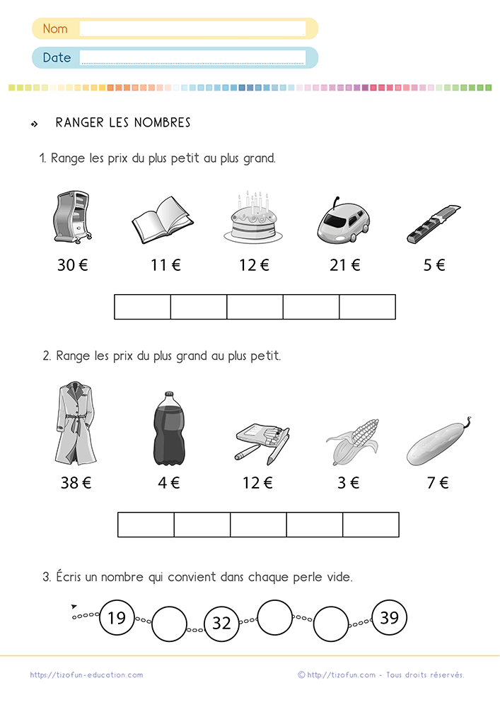Fiche d'activité de numération sur l'ordre croissant et décroissant au CP CE1 avec des exercices de classement des nombres.