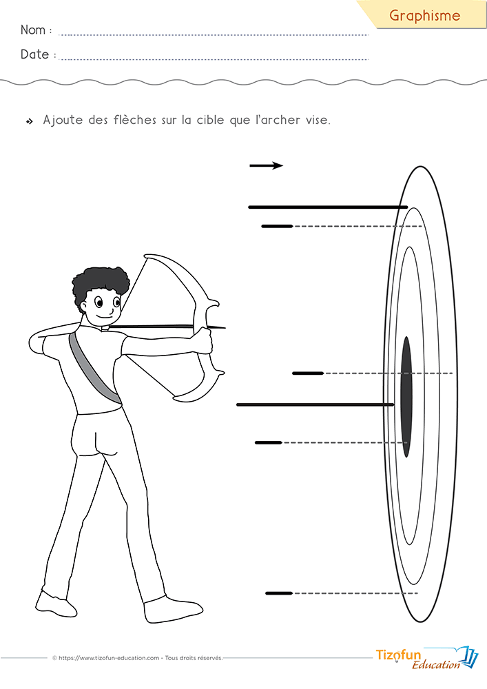 Activité de graphisme où les enfants tracent des flèches horizontales vers une cible en PS et MS afin de développer la précision du geste graphique.