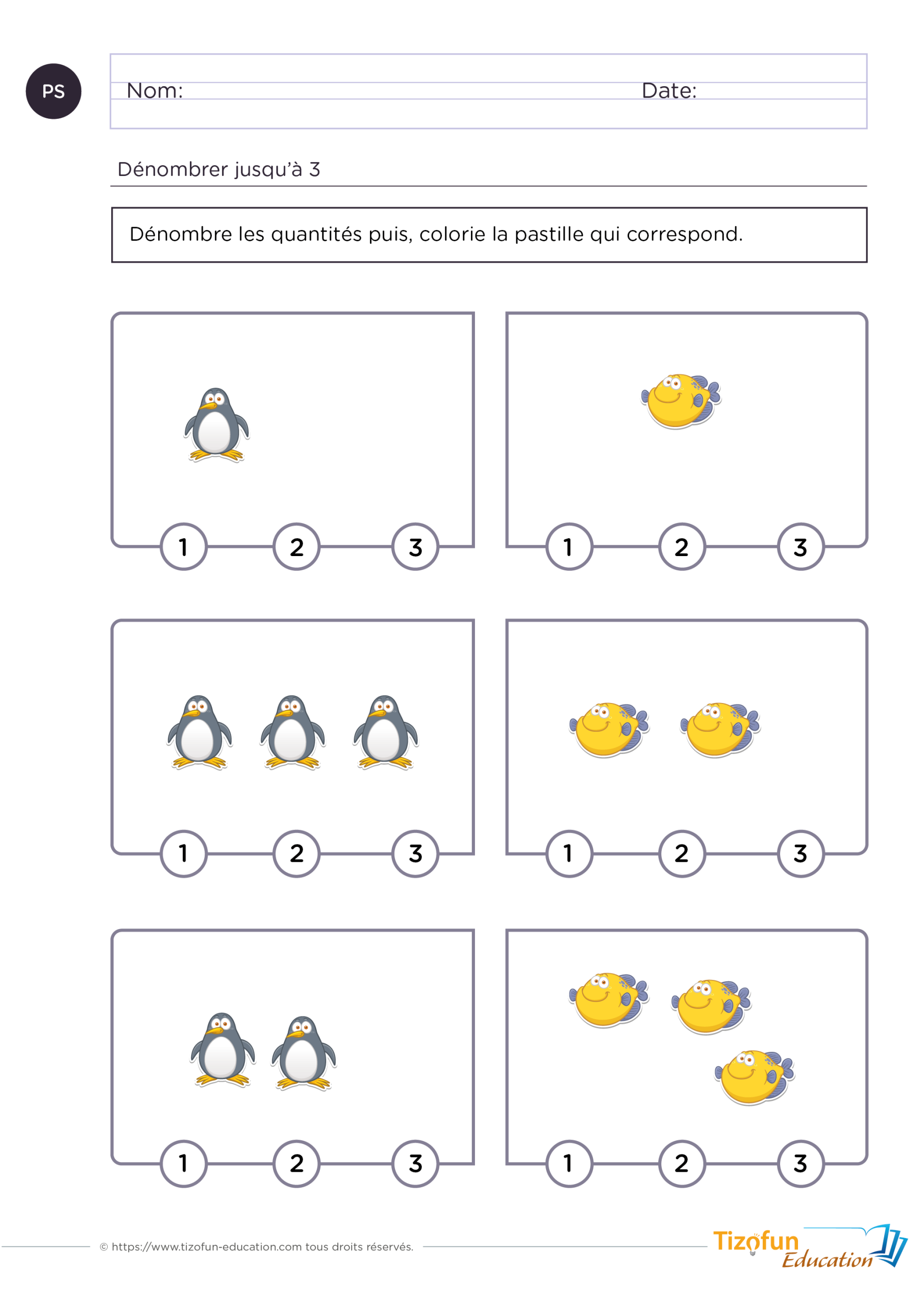 Prévisualisation de trois fiches de dénombrement jusqu'à 3 en Petite Section avec différentes collections à compter puis à associer au bon nombre.
