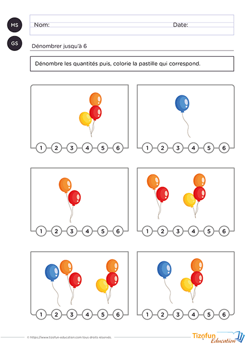 Aperçu d'une activité de dénombrement jusqu'à 6 proposant de compter des ballons puis d'associer chaque collection au chiffre correspondant.