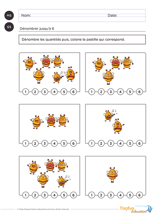 Aperçu d'une activité de dénombrement où plusieurs collections d'abeilles sont à compter afin d'associer chaque quantité au bon chiffre jusqu'à 6.