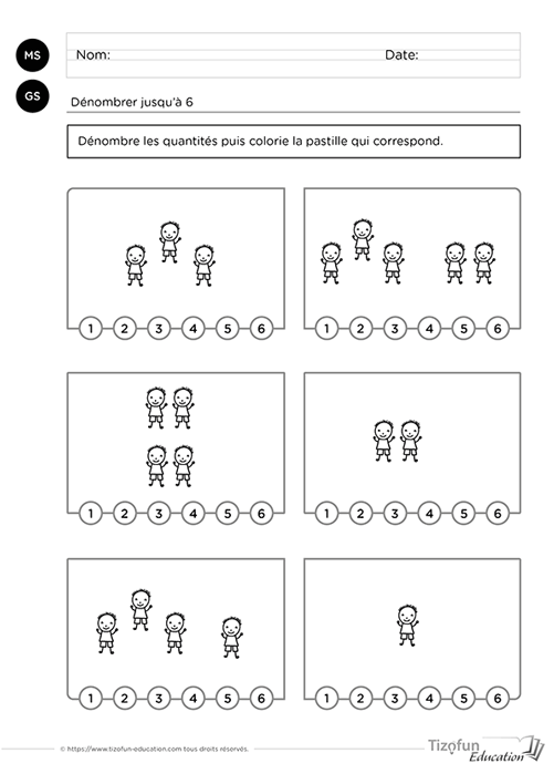 Aperçu d'une activité de dénombrement avec des collections de tasses à compter puis à relier au nombre correspondant jusqu'à 6.