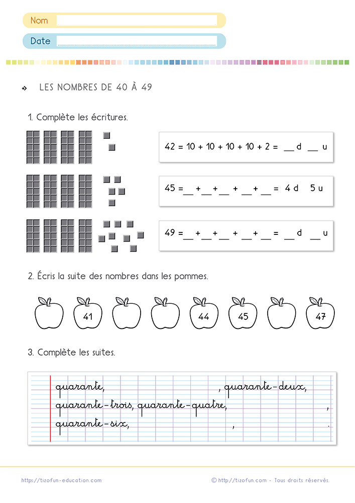 Fiche d'activité sur les nombres de 40 à 49 au CP CE1 avec représentations en barres de dix, décompositions additives et écriture en lettres.