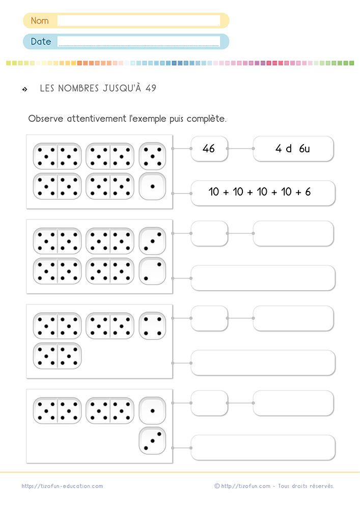 Exercice de numération Cycle 2 pour relier les représentations, les dizaines, les unités et les écritures additives des nombres de 40 à 49.