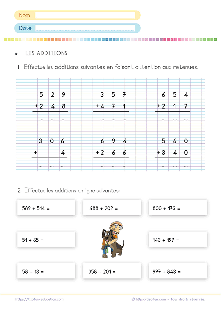 Fiche de mathématiques proposant une addition posée à 3 chiffres avec retenue au primaire grâce à des exercices progressifs en colonnes et en ligne sur quadrillage Seyes.