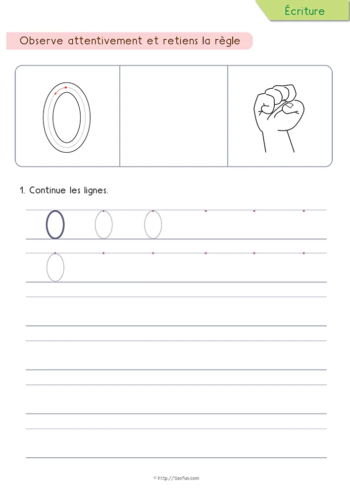 Activité pour apprendre à écrire le chiffre 0 en Maternelle avec un modèle guidé et un entraînement progressif sur lignage.