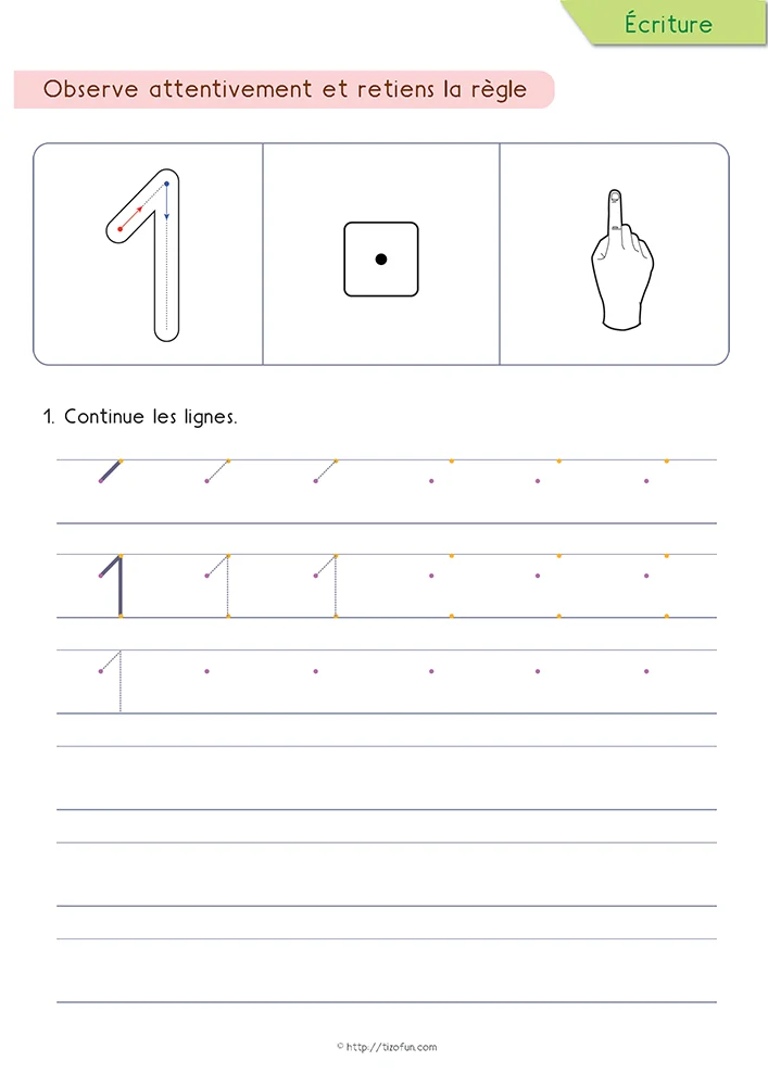 Le chiffre 1 est présenté avec son sens de tracé, un repère visuel et plusieurs lignes d'entraînement pour développer une écriture régulière en Maternelle.