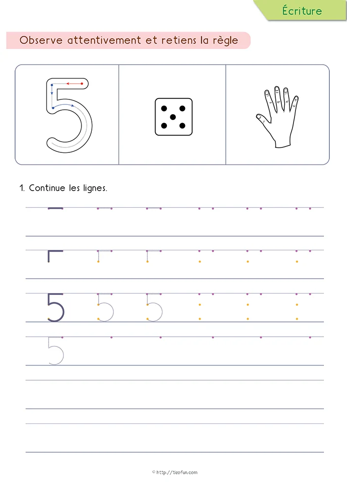 Une démonstration visuelle accompagne les enfants dans l'apprentissage du chiffre 5 grâce à un tracé guidé, une constellation de cinq points et des lignes d'entraînement progressives.