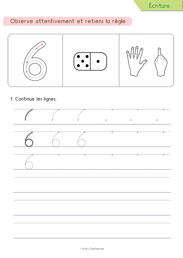 Le regard parcourt un modèle fléché du chiffre 6, observe un domino représentant six points, reconnaît le nombre avec les doigts des mains puis poursuit l'entraînement sur un lignage progressif.