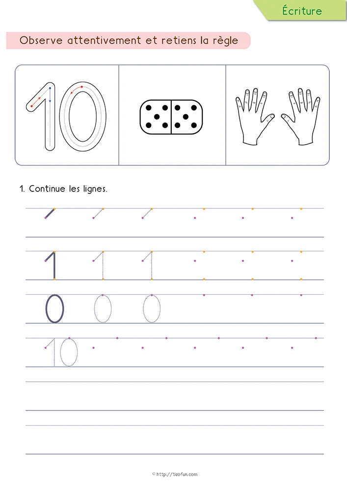 Le nombre 10 est présenté grâce au tracé guidé des chiffres 1 et 0, à un domino illustrant dix points, aux deux mains représentant la quantité dix et à des lignes d'entraînement progressif pour les élèves de Maternelle.