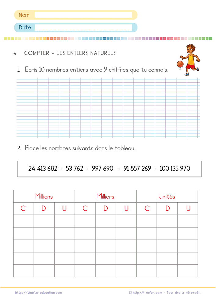 Activité de numération consacrée aux grands nombres entiers jusqu'aux millions en CM1 et CM2, avec écriture libre et placement dans un tableau de numération.