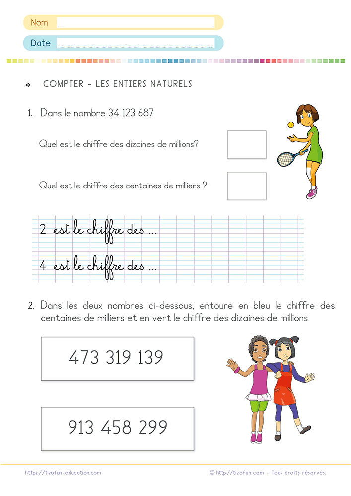 Activité de numération consacrée à la valeur de position des chiffres dans les grands nombres en CM1 et CM2, avec des questions sur les millions, les milliers et les unités.