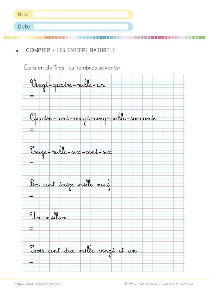 Fiche de Mathématiques pour écrire les nombres en chiffres en CM1 et CM2 à partir de nombres rédigés en toutes lettres, avec des exercices de conversion des grands entiers.
