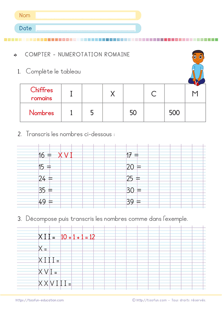 Activité de numération permettant d'apprendre les chiffres romains en CM1 et CM2 grâce à un tableau de correspondance, des exercices de transcription et des décompositions progressives.