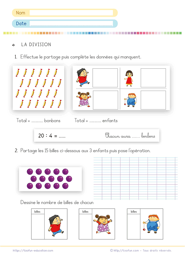 Activité de calcul permettant d'apprendre la division par partage au CP et CE1 grâce à des collections de bonbons et de billes à répartir équitablement avant d'écrire les opérations.
