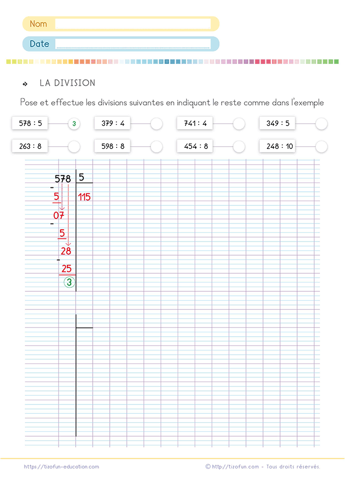 Activité de mathématiques permettant d'apprendre la division posée à 2 chiffres grâce à des exercices progressifs où les élèves recherchent le quotient, effectuent les soustractions successives et vérifient le reste.