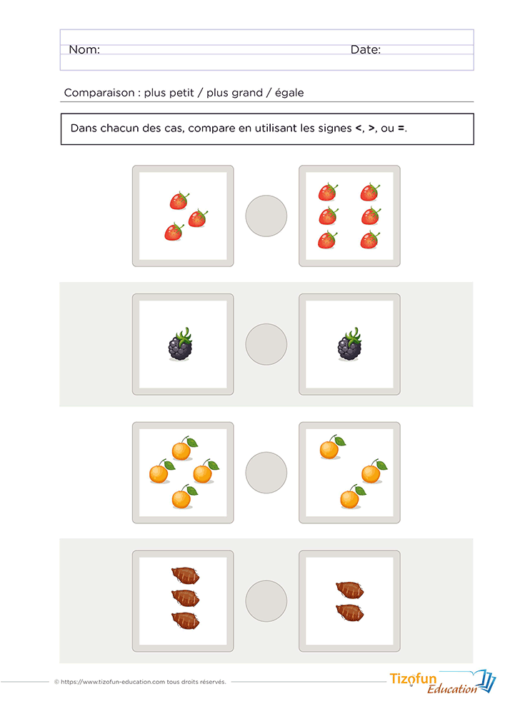 Exercice sur le signe plus grand plus petit en Maternelle avec des collections de fruits à comparer à l'aide des symboles supérieur, inférieur et égal.