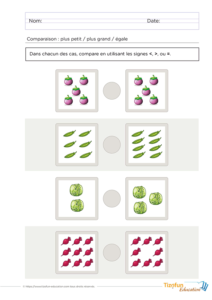 Fiche d'exercices sur les signes inférieur supérieur avec des collections de légumes à comparer en Grande Section.