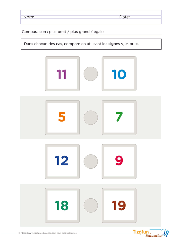 Comparer des nombres en chiffres CP GS avec une fiche d'exercices utilisant les signes supérieur, inférieur et égal jusqu'à 20.
