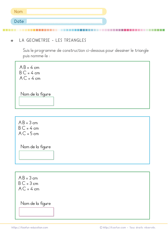 Activité de géométrie permettant de reconnaître et tracer les triangles particuliers grâce à des programmes de construction où les élèves mesurent les côtés puis identifient chaque figure obtenue.