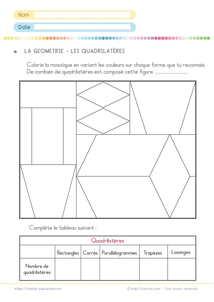 Activité de géométrie invitant à identifier et classer les quadrilatères particuliers en coloriant une mosaïque puis en comptant les rectangles, carrés, parallélogrammes, trapèzes et losanges.