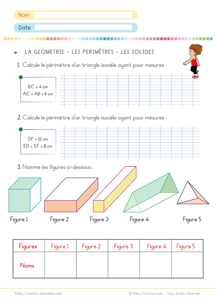 Exercice de géométrie pour calculer le périmètre d'un triangle et nommer les solides à l'aide de triangles isocèles, de calculs écrits et d'un tableau d'identification des volumes.