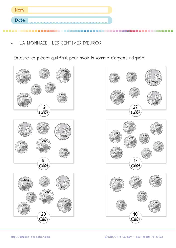 Fiche exercice calculer somme monnaie euros centimes avec des pièces à sélectionner pour obtenir un montant donné.