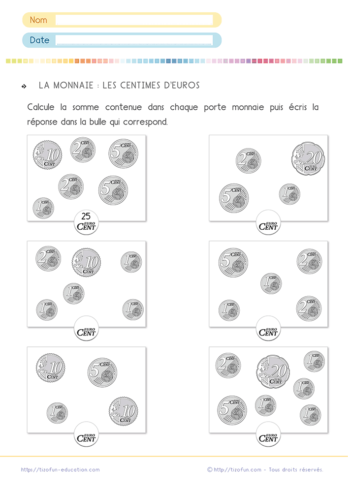 Exercice pour calculer une somme en monnaie à partir de pièces et billets en euros et centimes présentés dans plusieurs portefeuilles.