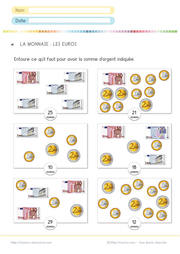 Fiche exercice monnaie euro CP CE1 avec des billets et des pièces à sélectionner pour composer une somme exacte.