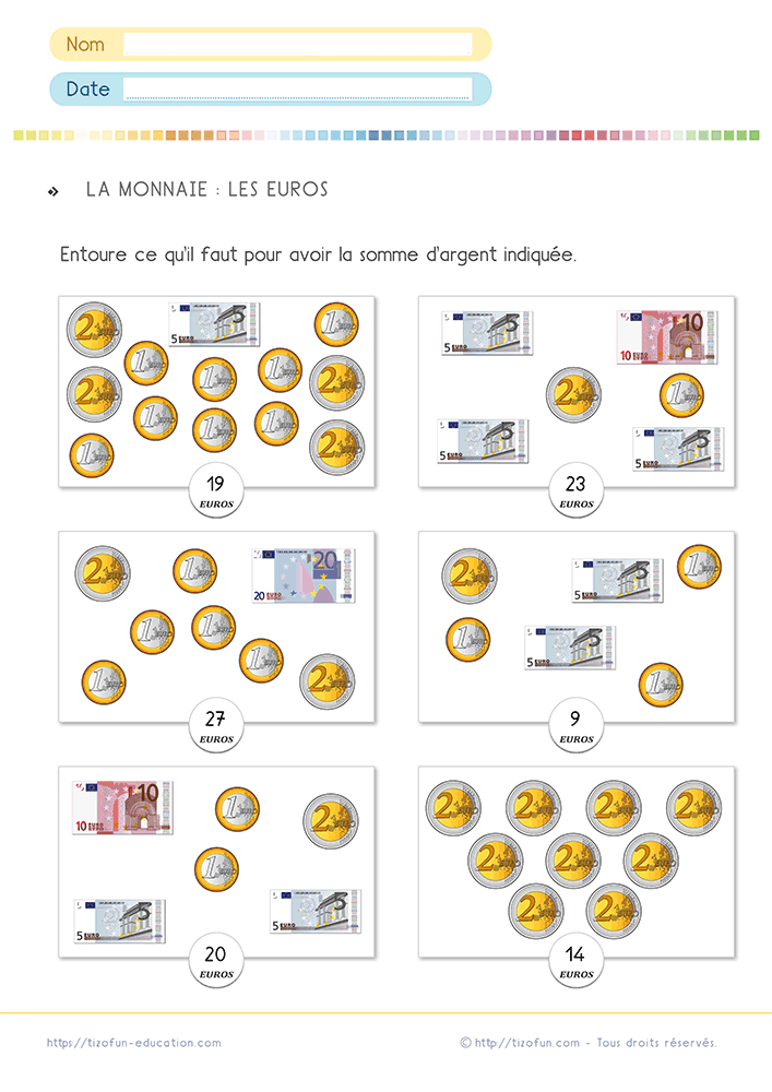 Fiche exercice monnaie euro CP CE1 présentant des billets et des pièces à entourer pour composer une somme exacte.